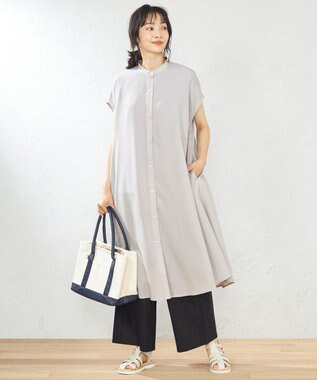 ANY 【洗える】バンドカラーとろみ ワンピース グレージュ