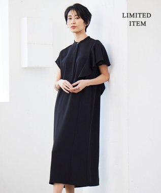 ICB 【接触冷感・UVケア・防シワ・洗える】エステルダブルクロス ラッフルスリーブワンピース ブラック系