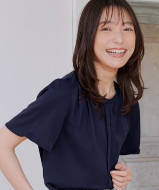 Tiaclasse 【2WAY・接触冷感・洗える】ノーカラーブラウス ネイビー