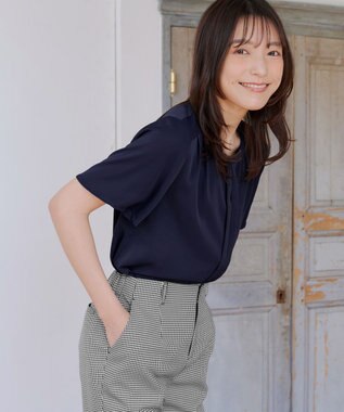 Tiaclasse 【2WAY・接触冷感・洗える】ノーカラーブラウス ネイビー