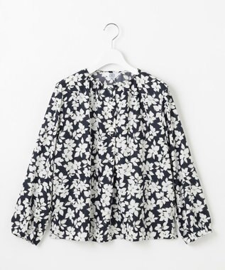 J.PRESS LADIES 【洗える】スパンフラワープリント  ボートネック ブラウス ネイビー×オフ系