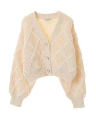 earth music&ecology シャギーダイヤ柄ショートニットカーディガン Light Beige