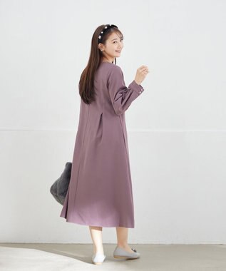 Tiaclasse L 【洗える】ビジュー付きフロント切替タックワンピース プラム
