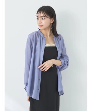 earth music&ecology シアーギャザーネックブラウス Deep Blue