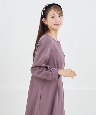 Tiaclasse L 【洗える】ビジュー付きフロント切替タックワンピース プラム