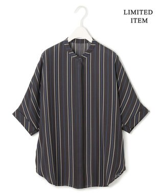 ICB L 【人気のため新色追加・接触冷感・UVケア・速乾・洗える】BackSatinAmunzen 5分袖バンドカラーブラウス チャコールストライプ柄系［WEB限定］