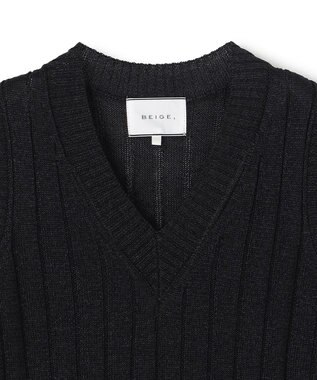 BEIGE， OPTICAL /  ペーパーヤーン Vネックリブニット Black