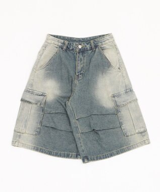 WEGO フラップポケットニータックカーゴハーフパンツ デニム中濃色