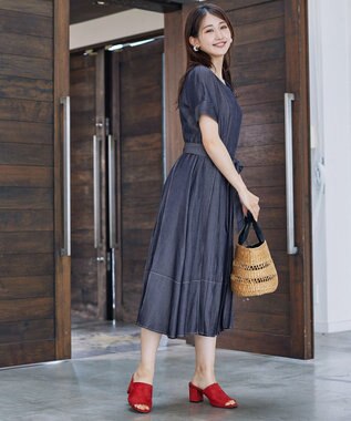 Tiaclasse L デニムフレアワンピース ネイビー