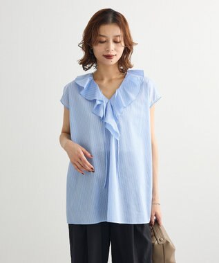 Green Parks ノースリーブストライプフリルブラウス Sax