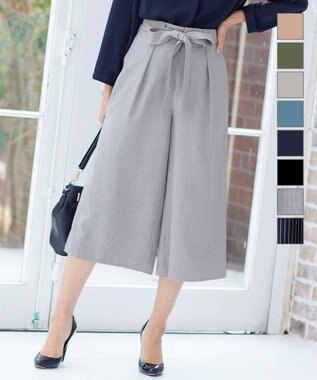 Tiaclasse L 【洗える】涼しく穿けるドライタッチ生地を使用したクロップドワイドパンツ グレーストライプ