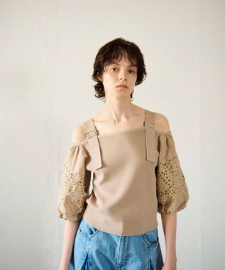 GRACE CONTINENTAL 刺繍パフスリーブニットトップ ベージュ