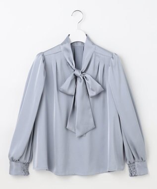 Feroux 【洗える】サテン ボウタイブラウス ブルー系