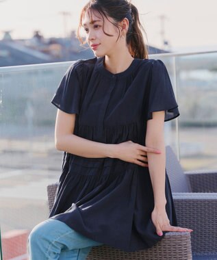 Tiaclasse 【洗える】バンドカラーティアードシャツチュニックブラウス ネイビー