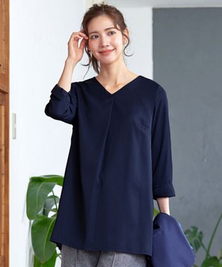 Tiaclasse 【洗える・スマート裏起毛】バックプリーツチュニックブラウス ネイビー
