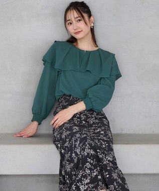 ANY SIS L 【洗える】スクエアラッフルカラー ブラウス ディープグリーン