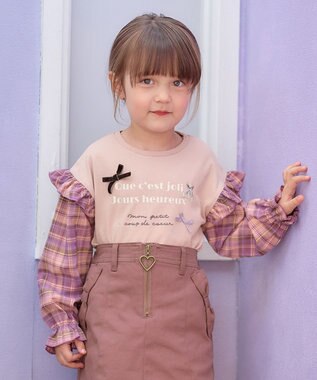 ANY KIDS チェック袖 ドッキング プルオーバー ピンク