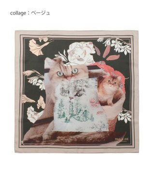 MOONBAT 【WEB限定】PAUL & JOE ACCESSOIRES シルクツイル キャットコラージュスカーフ 58×58cm Collage(ベージュ)