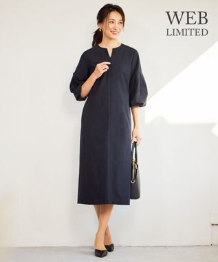自由区 S 【WEB限定・洗える】カラミストレッチパフスリーブ ワンピース ネイビー系