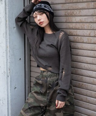 WEGO モヘアタッチダメージショートニット ブラック中濃色