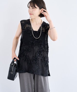 Green Parks テープ刺繍レースベスト Black