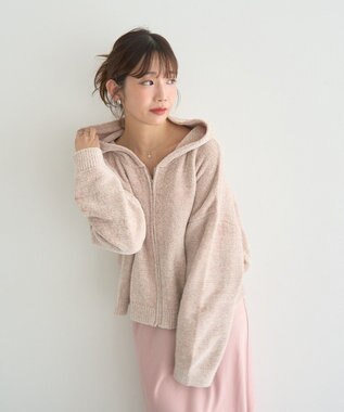 earth music&ecology ベロアフーディージップニットカーディガン Light Beige