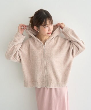 earth music&ecology ベロアフーディージップニットカーディガン Light Beige