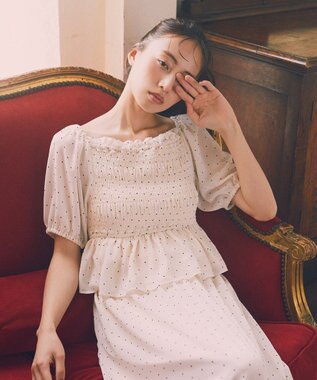 earth music&ecology ＳＥＴ２点フロッキードットブラウス＋スカート Ivory