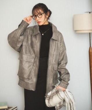 WEGO ヴィンテージライクFレザーブルゾン グレー