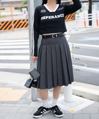 WEGO ベルト付プリーツミドルスカート 杢グレー