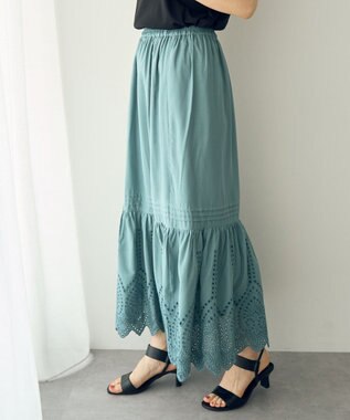 YECCA VECCA アイレット刺繍ギャザーフレアスカート Green