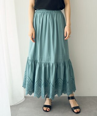 YECCA VECCA アイレット刺繍ギャザーフレアスカート Green