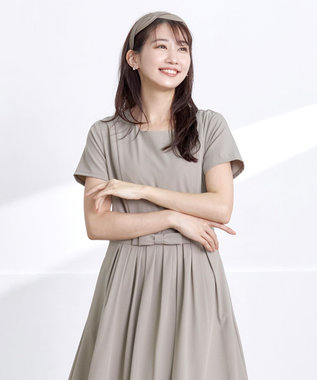 Tiaclasse 【洗える】半袖リボンギャザーフレアワンピース グレージュ