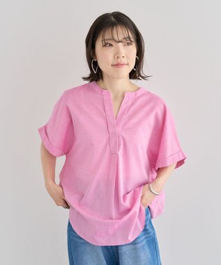 Green Parks 綿麻混フレンチスリーブスキッパーシャツ Pink