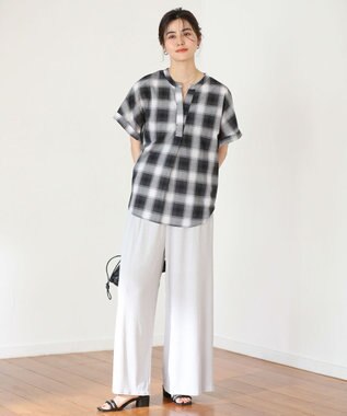 Green Parks 綿麻混フレンチスリーブスキッパーシャツ Check