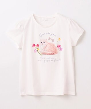 ANY KIDS フォトプリント ネコ Tシャツ オフホワイト
