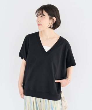 Green Parks 深Ｖネックミニ裏毛フレンチスリーブプルオーバー Black