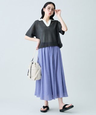 ANY ラミータッチバイカラーポロ衿スキッパーニット スレート