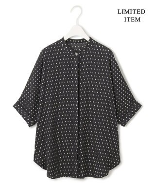 ICB L 【人気のため新色追加・接触冷感・UVケア・速乾・洗える】BackSatinAmunzen 5分袖バンドカラーブラウス ブラックドット系［WEB限定］