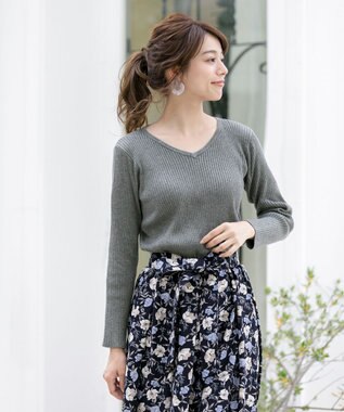 Tiaclasse 【洗える】異素材を組み合わせた花柄リブニットコンビワンピース グレー