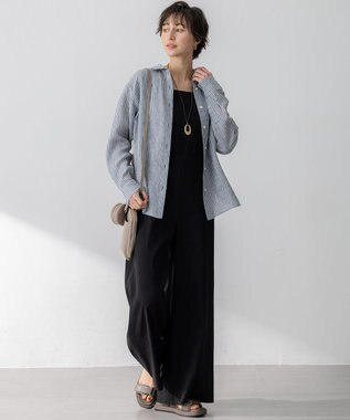 23区 LIBECO ベーシック シャツ ダークグリーンストライプ