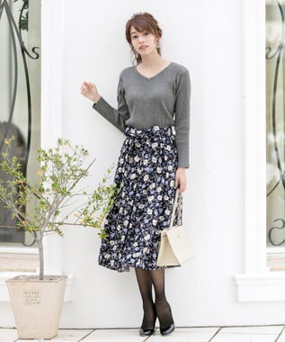 Tiaclasse 【洗える】異素材を組み合わせた花柄リブニットコンビワンピース グレー