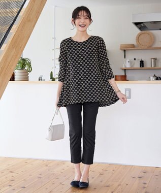 Tiaclasse 【洗える】花柄カットレースフレアトップス ブラック×ベージュ