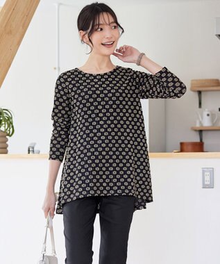 Tiaclasse 【洗える】花柄カットレースフレアトップス ブラック×ベージュ