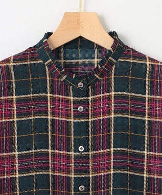 組曲 【洗える】シアーチェック 半袖ブラウス ダークグリーン系5