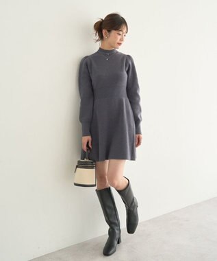 earth music&ecology ウエストリブフレアニットミニワンピース Charcoal Gray