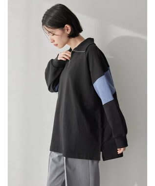 AMERICAN HOLIC ハーフＺＩＰ配色切り替え裏毛チュニック Black
