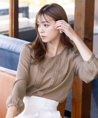 Tiaclasse L 【洗える】ピンタックレースブラウス モカ