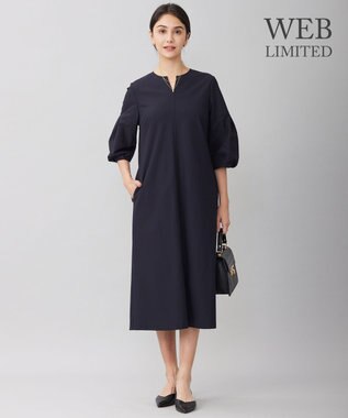 自由区 S 【WEB限定・洗える】カラミストレッチパフスリーブ ワンピース ネイビー系