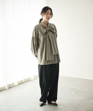 #Newans 【シワになりにくい/洗濯機可能/袖ゴム】ビッグリボンブラウス グレー